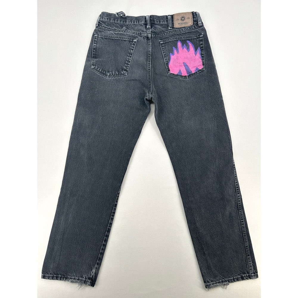 Wrangler Mens Custom Painted Faded Black Straight Leg Distressed Jeans 32x30